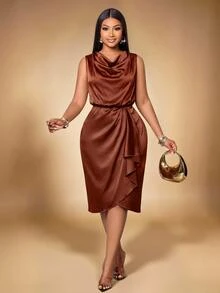 KIORVELLA Ladies' Plus Size Spring/Summer Slim Fit Satin Sleeveless Swing Collar Mid Length Skirt - Brown - View 6