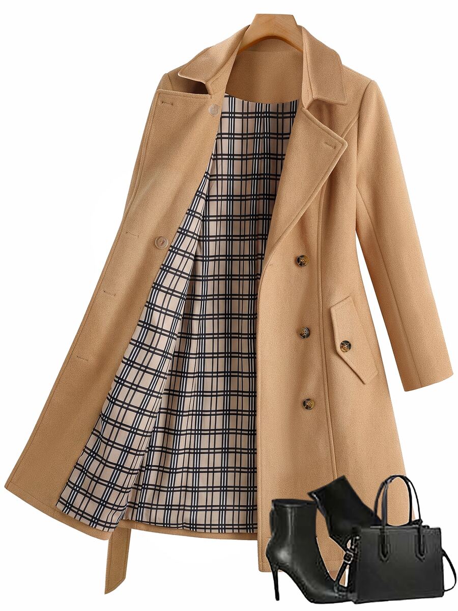 Chikora Plus Size Vintage Button Pocket Long Sleeve Trench Coat - Khaki - View 1