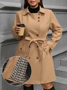 Chikora Plus Size Vintage Button Pocket Long Sleeve Trench Coat - Khaki - View 4