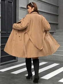 Chikora Plus Size Vintage Button Pocket Long Sleeve Trench Coat - Khaki - View 6