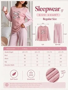SHEIN Cottnline Women's Soft Plush Center Pajama Set With Embroidered Stretching Cats Design - Pink - View 3