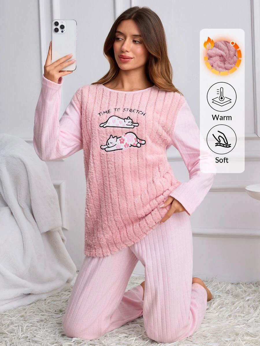 SHEIN Cottnline Women's Soft Plush Center Pajama Set With Embroidered Stretching Cats Design - Pink - View 1