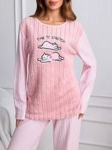SHEIN Cottnline Women's Soft Plush Center Pajama Set With Embroidered Stretching Cats Design - Pink - View 7