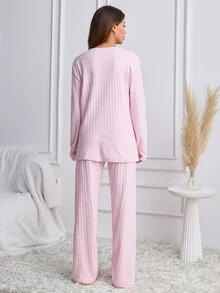 SHEIN Cottnline Women's Soft Plush Center Pajama Set With Embroidered Stretching Cats Design - Pink - View 2