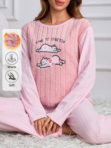 SHEIN Cottnline Women's Soft Plush Center Pajama Set With Embroidered Stretching Cats Design - Pink - View 5