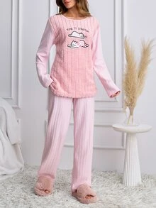 SHEIN Cottnline Women's Soft Plush Center Pajama Set With Embroidered Stretching Cats Design - Pink - View 4