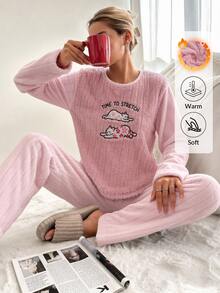 SHEIN Cottnline Women's Soft Plush Center Pajama Set With Embroidered Stretching Cats Design - Pink - View 8
