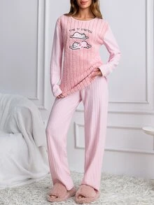 SHEIN Cottnline Women's Soft Plush Center Pajama Set With Embroidered Stretching Cats Design - Pink - View 6
