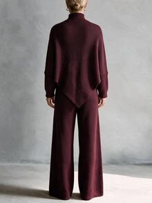 Elenzga A Set Of Women's Irregular Top With Stand Collar And Batwing Sleeves, Paired With Wide-Leg Pants, Suitable For Autumn And Winter Wear - Burgundy - View 3