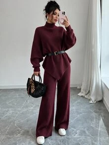 Elenzga A Set Of Women's Irregular Top With Stand Collar And Batwing Sleeves, Paired With Wide-Leg Pants, Suitable For Autumn And Winter Wear - Burgundy - View 1