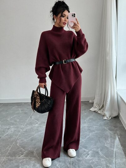 Elenzga طقم نسائي من ملابس علوية بتصميم غير منتظم مع ياقة واقفة وأكمام خفاشية، مقترن ببنطال واسع الساق، مناسب للارتداء في فصلي الخريف والشتاء