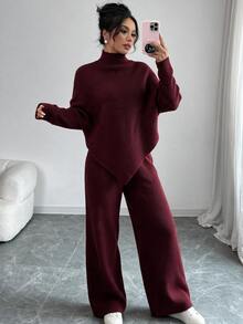 Elenzga A Set Of Women's Irregular Top With Stand Collar And Batwing Sleeves, Paired With Wide-Leg Pants, Suitable For Autumn And Winter Wear - Burgundy - View 4