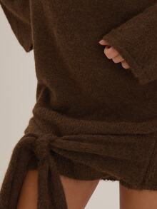 MUSEYN Brown Knit Off The Shoulder Tie Detail Mini Dress Timeless Date ...