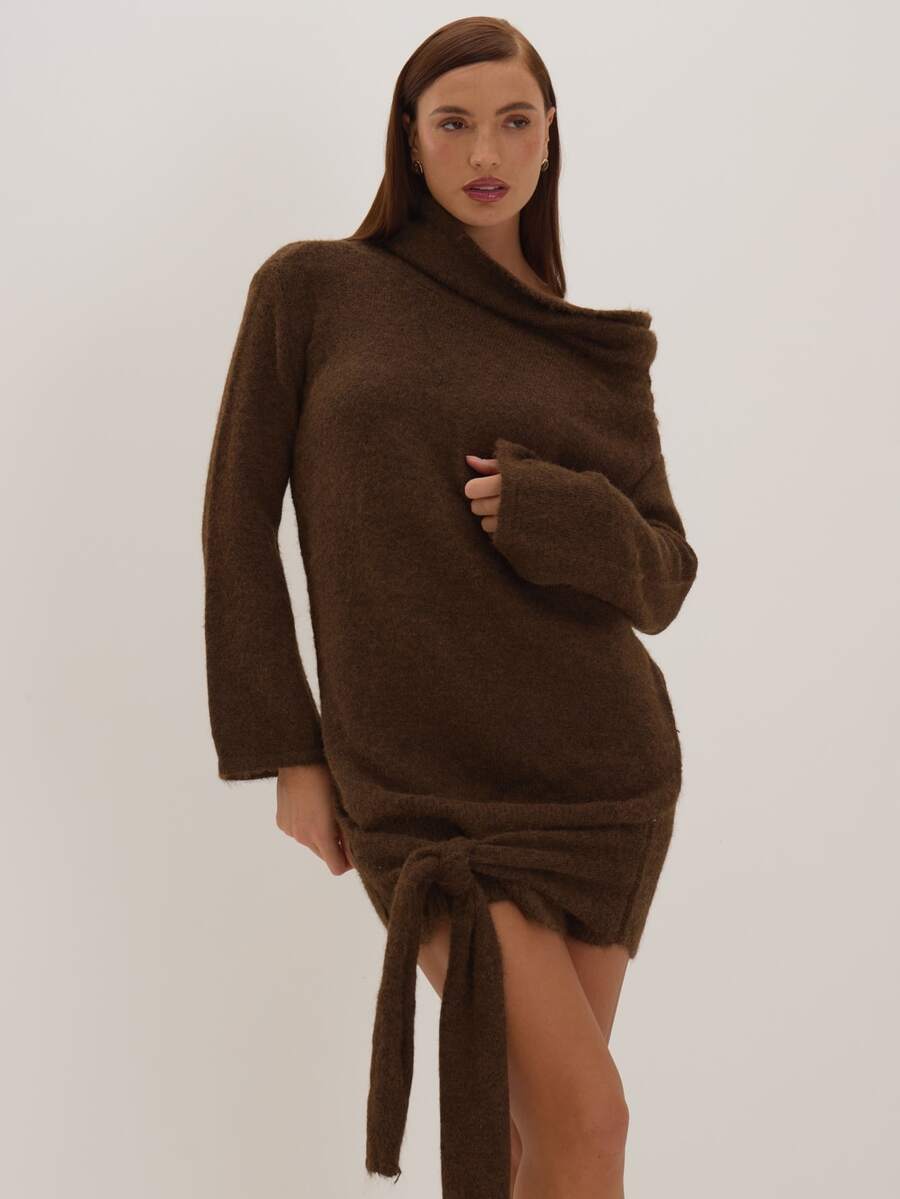MUSEYN Brown Knit Off The Shoulder Tie Detail Mini Dress Timeless Date ...