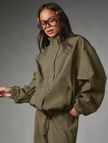 MISSGUIDED Oversized Zip-Up Bomber Jacket With Mock Neck Elasticated Hem And Ruched Cuffs In Woven Fabric - Army Green - View 1