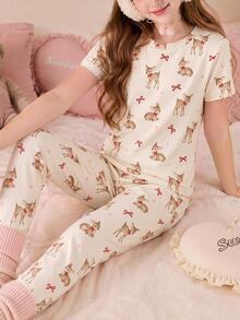 牛奶杏色 森系甜美女孩復古蝴蝶結鹿紋、馴鹿圖案印花 女孩休閒簡約舒適短袖長褲家居服套裝 新款女孩風格睡衣套裝 適合秋冬貼身保暖 冬季居家、聖誕、節日睡衣派對、親子姐妹款 甜美復古女孩風 - 彩色 - 查看 3