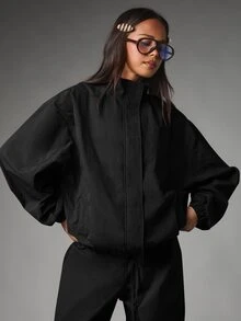 MISSGUIDED Oversized Zip-Up Bomber Jacket With High Neck Elasticated Hem And Ruched Cuffs Relaxed Fit Lightweight Outerwear Fall Winter Essential - Black - View 6