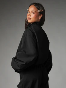 MISSGUIDED Oversized Zip-Up Bomber Jacket With High Neck Elasticated Hem And Ruched Cuffs Relaxed Fit Lightweight Outerwear Fall Winter Essential - Black - View 4