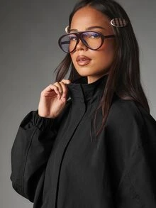 MISSGUIDED Oversized Zip-Up Bomber Jacket With High Neck Elasticated Hem And Ruched Cuffs Relaxed Fit Lightweight Outerwear Fall Winter Essential - Black - View 2