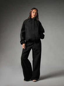 MISSGUIDED Oversized Zip-Up Bomber Jacket With High Neck Elasticated Hem And Ruched Cuffs Relaxed Fit Lightweight Outerwear Fall Winter Essential - Black - View 5