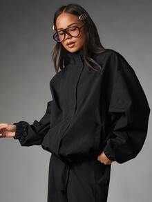 MISSGUIDED Oversized Zip-Up Bomber Jacket With High Neck Elasticated Hem And Ruched Cuffs Relaxed Fit Lightweight Outerwear Fall Winter Essential - Black - View 1