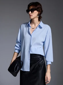 MYSTAURA Women's Fashion Casual Versatile Solid Color Shirt - Blue - View 3