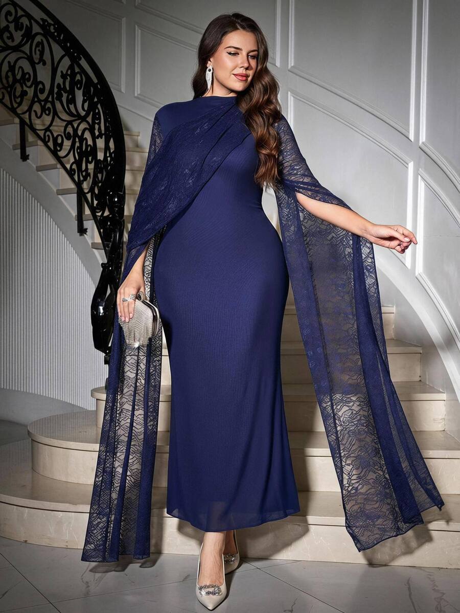Reflora Plus Size Autumn/Winter Party Evening Lace Patchwork Fitted Elegant Dress Fall - Navy Blue - View 1