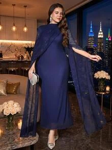 Reflora Plus Size Autumn/Winter Party Evening Lace Patchwork Fitted Elegant Dress Fall - Navy Blue - View 9
