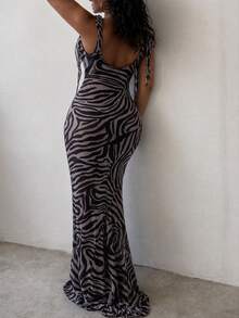 SHEIN EZwear Plus Size Women's Spring/Summer Fashion Zebra Print Backless Dress Vacation Going Out Party Beige Sexy Kawaii - Multicolor - View 2