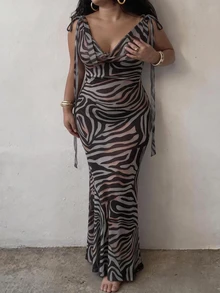 SHEIN EZwear Plus Size Women's Spring/Summer Fashion Zebra Print Backless Dress Vacation Going Out Party Beige Sexy Kawaii - Multicolor - View 3