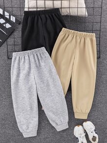 SHEIN 3件組小男孩買2送1休閒日常舒適刺繡保暖內裡加厚寬鬆長褲運動褲，兒童冬季衣物，秋季衣物，黑色、卡其色，運動服，適合學校、花園、海灘、生日，秋季、冬季 - 彩色 - 查看 7