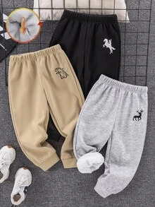 SHEIN 3件組小男孩買2送1休閒日常舒適刺繡保暖內裡加厚寬鬆長褲運動褲，兒童冬季衣物，秋季衣物，黑色、卡其色，運動服，適合學校、花園、海灘、生日，秋季、冬季 - 彩色 - 查看 3