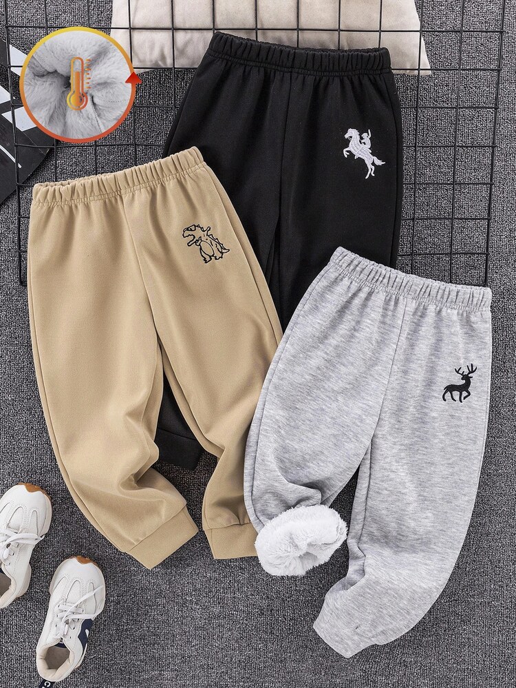 SHEIN 3pcs Young Boy Buy 2 Get 1 Free Casual Daily Comfortable Embroidered Thermal Lined Thickened Loose Long Pants Sweatpants Winterclothes For Kids, Autumn Clothes, Black, Khaki, Tracksuit, Suitable For School, Garden, Beach, Birthday, Fall, Winter Seasons - Multicolor - View 2