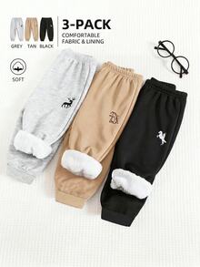 SHEIN 3件組小男孩買2送1休閒日常舒適刺繡保暖內裡加厚寬鬆長褲運動褲，兒童冬季衣物，秋季衣物，黑色、卡其色，運動服，適合學校、花園、海灘、生日，秋季、冬季 - 彩色 - 查看 4