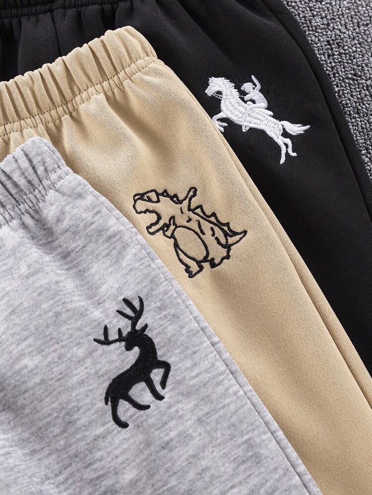 SHEIN 3pcs Young Boy Buy 2 Get 1 Free Casual Daily Comfortable Embroidered Thermal Lined Thickened Loose Long Pants Sweatpants Winterclothes For Kids, Autumn Clothes, Black, Khaki, Tracksuit, Suitable For School, Garden, Beach, Birthday, Fall, Winter Seasons - Multicolor - View 4
