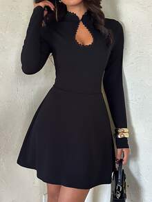 Aloruh Women's Elegant Lace Patchwork Keyhole A Line Black Mini Dress, Long Sleeve Mini Dress,Fall Dress,Casual Dresses For Women,Chic Black Dress - Black - View 3
