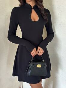 Aloruh Women's Elegant Lace Patchwork Keyhole A Line Black Mini Dress, Long Sleeve Mini Dress,Fall Dress,Casual Dresses For Women,Chic Black Dress - Black - View 6