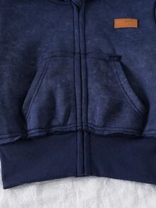 SHEIN Tween Girl Vintage Washed Print Hooded Sports Set, Short Zip-Up Hoodie + Flared Flared Pants, Casual 2 Pieces Outfit For Spring, Autumn, Winter - Royal Blue - View 5