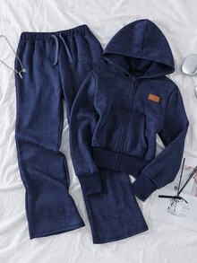 SHEIN Tween Girl Vintage Washed Print Hooded Sports Set, Short Zip-Up Hoodie + Flared Flared Pants, Casual 2 Pieces Outfit For Spring, Autumn, Winter - Royal Blue - View 7