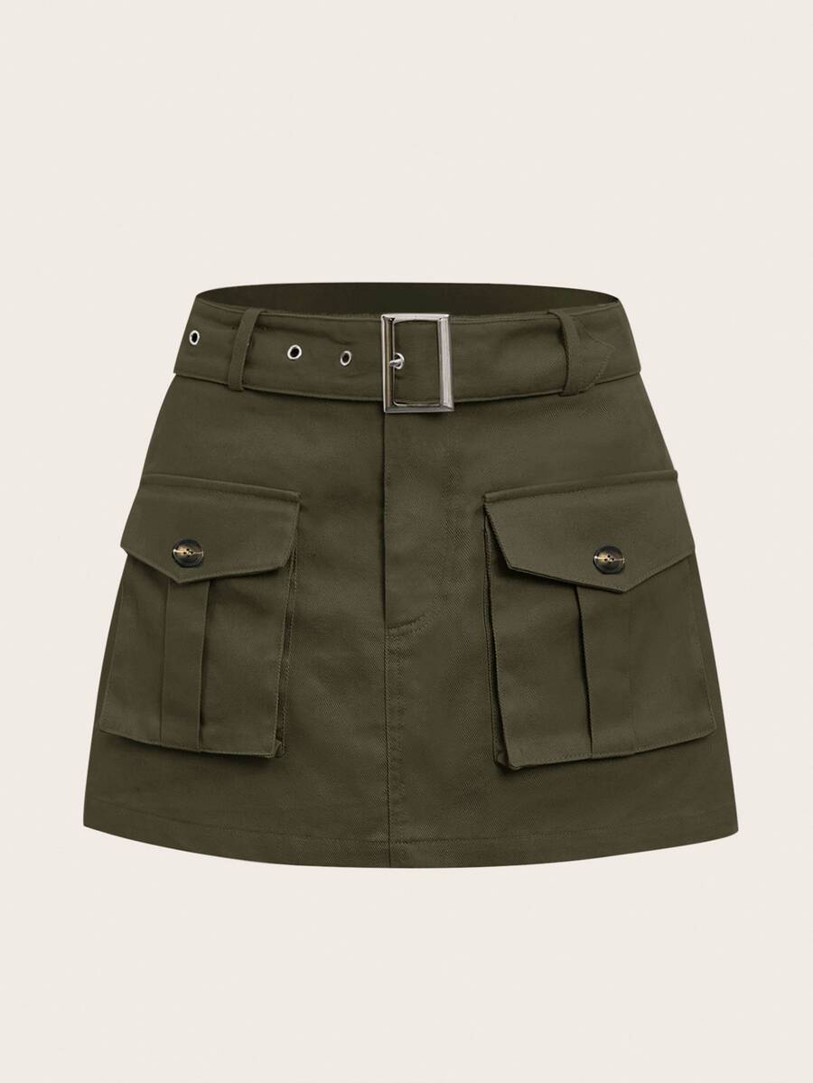 SHEIN EZwear 大码女式绿色休闲实用迷你裙,秋冬,工装裙 - 軍綠色 - 查看 1