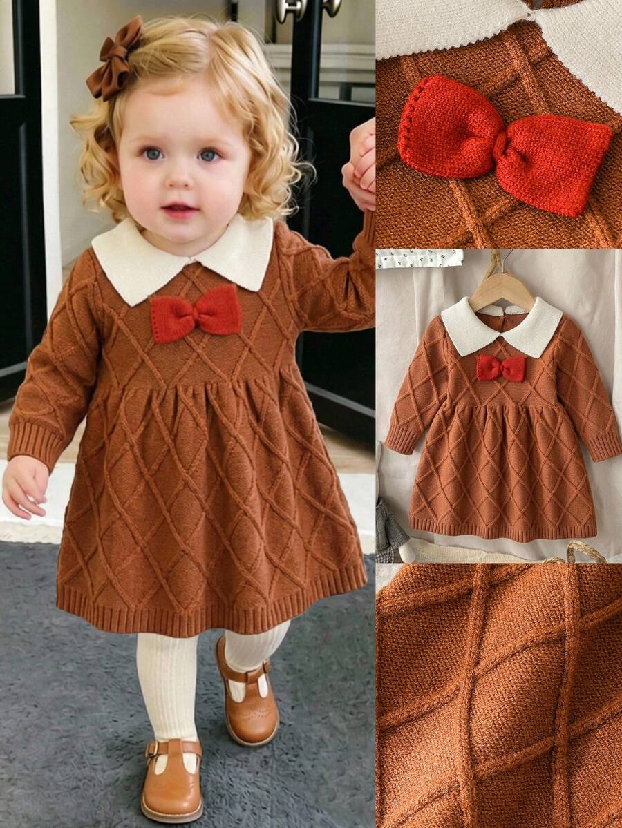 SHEIN Playful Pals 嬰兒/幼兒(女童)棕色菱格紋華夫格針織毛衣洋裝,配紅色復古蝴蝶結領,大傘裙,公主風,優雅可愛,淑女俏皮,保暖柔軟舒適,適合外出、上學、度假、新年、節日,秋冬穿著 - 棕色 - 查看 1