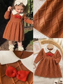 SHEIN Playful Pals 嬰兒/幼兒(女童)棕色菱格紋華夫格針織毛衣洋裝，配紅色復古蝴蝶結領，大傘裙，公主風，優雅可愛，淑女俏皮，保暖柔軟舒適，適合外出、上學、度假、新年、節日，秋冬穿著 - 棕色 - 查看 5