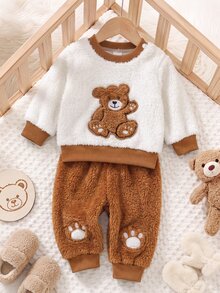 SHEIN Playful Pals 2件組嬰幼兒女童衛衣褲套裝，可愛白色與棕色泰迪熊貼布設計，毛茸茸長袖圓領加厚戶外款，適合秋季、萬聖節、冬季穿著的絨毛服飾 - 棕色 - 查看 9