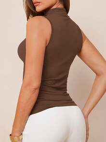 Amorya Tank Top Katun Tanpa Lengan Leher Tinggi Warna Cokelat Tua untuk Wanita, Cocok untuk Musim Semi dan Musim Panas, Atasan Musim Panas Minimalis untuk Sehari-hari. - Coffee Brown - View 3