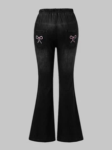 SHEIN Kids Tween Girl Pocket Button Bow Embroidery Pattern Casual Versatile Daily Wear Denim Effect Knit Flare Pants, Comfortable, 4pcs Pack Send 1 Pack - Black - View 2