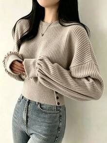 SHEIN EZwear Autumn/Winter Cloud-Feel Fluffy Ribbed Crew Neck Button-Up Cinched Cinched Waist Versatile Loose Pullover Long Sleeve T-Shirt For Women - Khaki - View 3