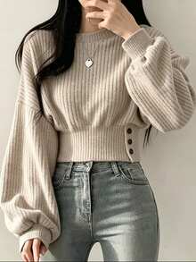SHEIN EZwear Autumn/Winter Cloud-Feel Fluffy Ribbed Crew Neck Button-Up Cinched Cinched Waist Versatile Loose Pullover Long Sleeve T-Shirt For Women - Khaki - View 1