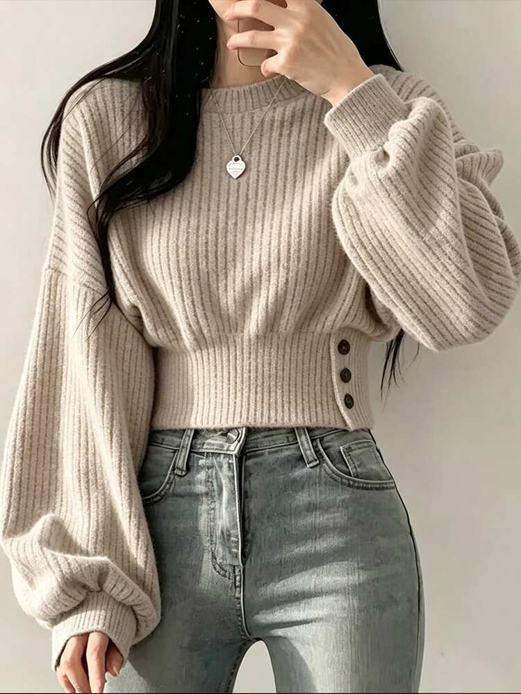 SHEIN EZwear 秋冬款雲感蓬鬆羅紋圓領鈕扣收腰寬鬆女款長袖套頭T恤 - 卡其色 - 查看 1