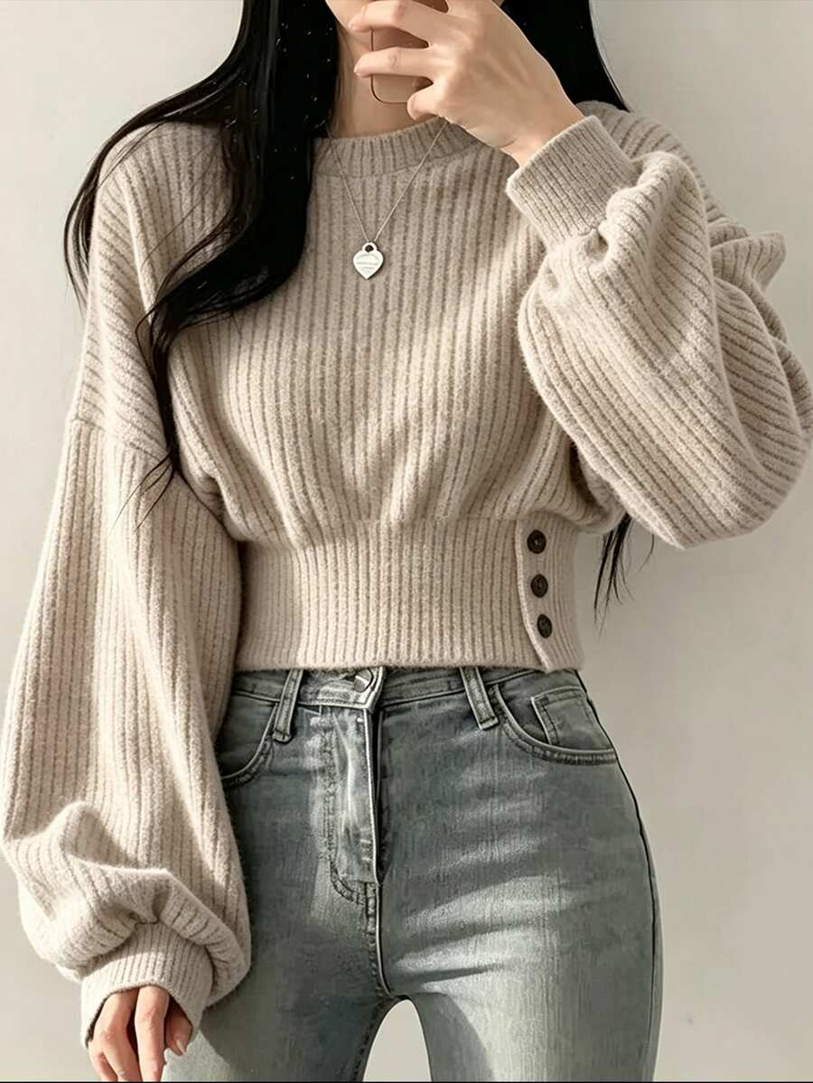 SHEIN EZwear Autumn/Winter Cloud-Feel Fluffy Ribbed Crew Neck Button-Up Cinched Cinched Waist Versatile Loose Pullover Long Sleeve T-Shirt For Women - Khaki - View 1
