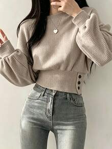 SHEIN EZwear Autumn/Winter Cloud-Feel Fluffy Ribbed Crew Neck Button-Up Cinched Cinched Waist Versatile Loose Pullover Long Sleeve T-Shirt For Women - Khaki - View 4